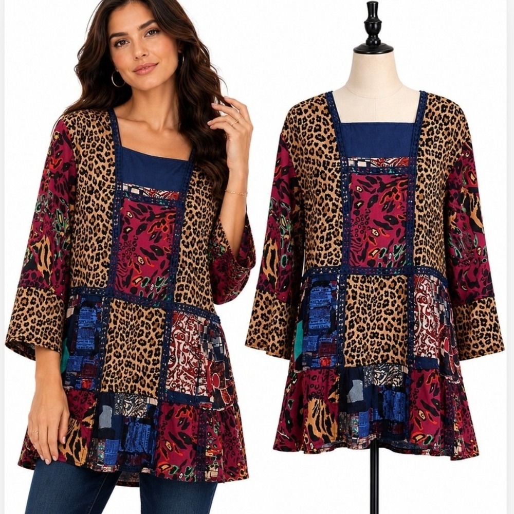 Caleoas Artsy Tunic XL Multicolor Patchwork Leopard Print Boho Lagenlook Top